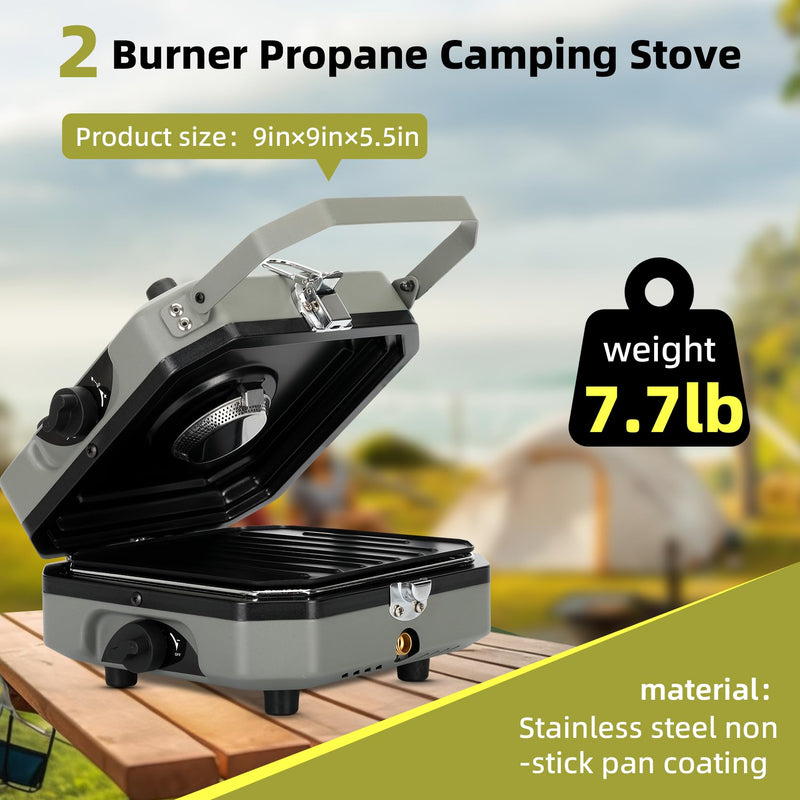 2 Burner Propane Camping Stove with Grill