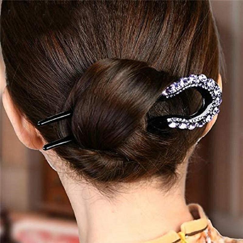 U-shape Crystal Rhinestone Double Prong Hair Pin Stick