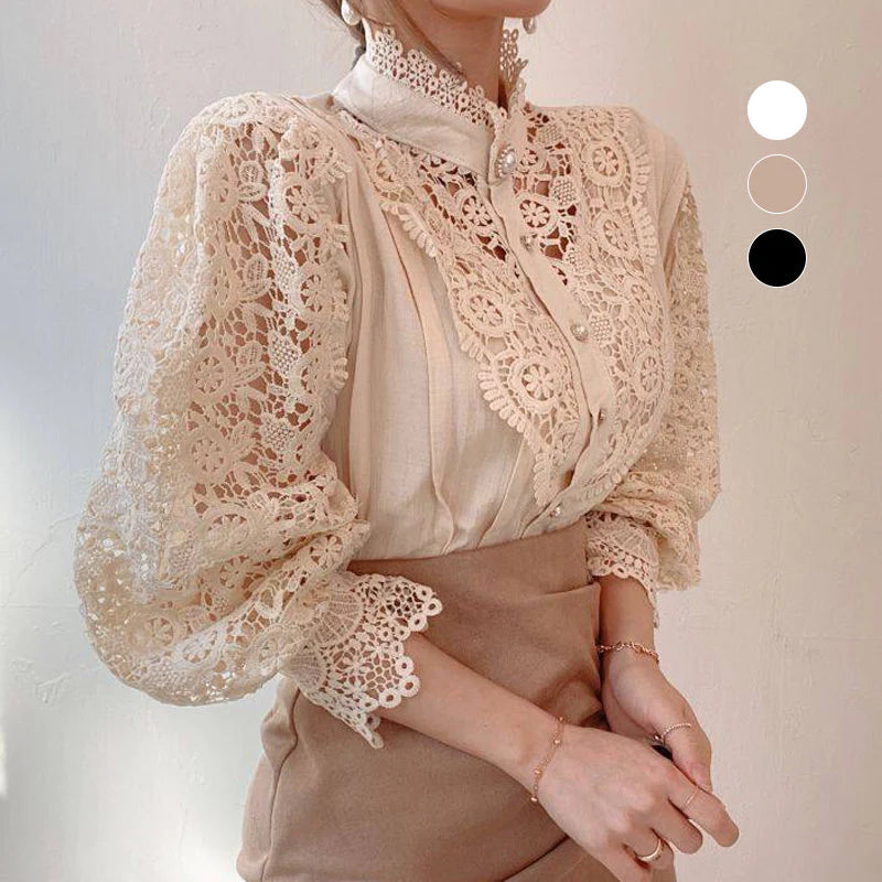 Hollow-Designed Floral High-Neck Blouse