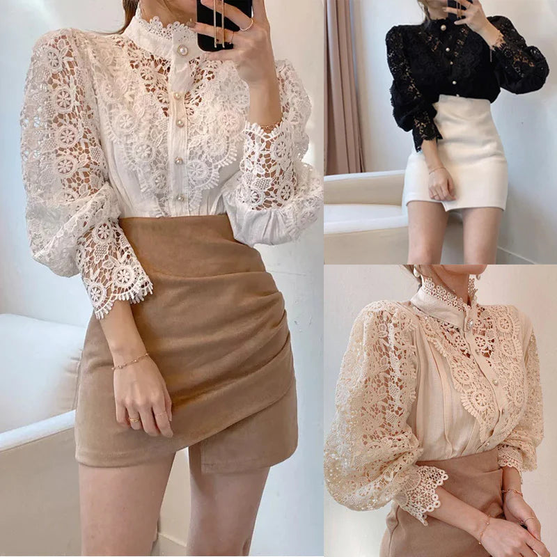 Hollow-Designed Floral High-Neck Blouse