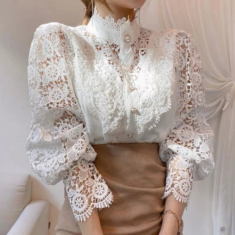 Hollow-Designed Floral High-Neck Blouse