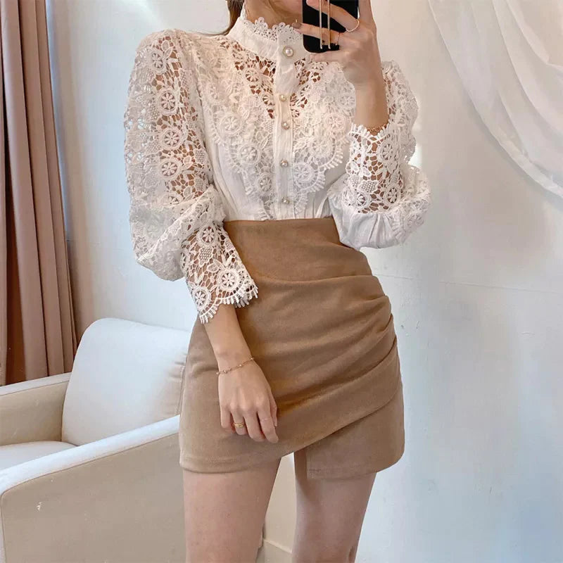 Hollow-Designed Floral High-Neck Blouse