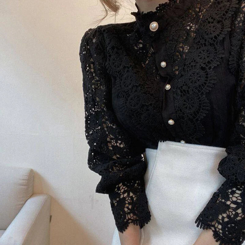 Hollow-Designed Floral High-Neck Blouse