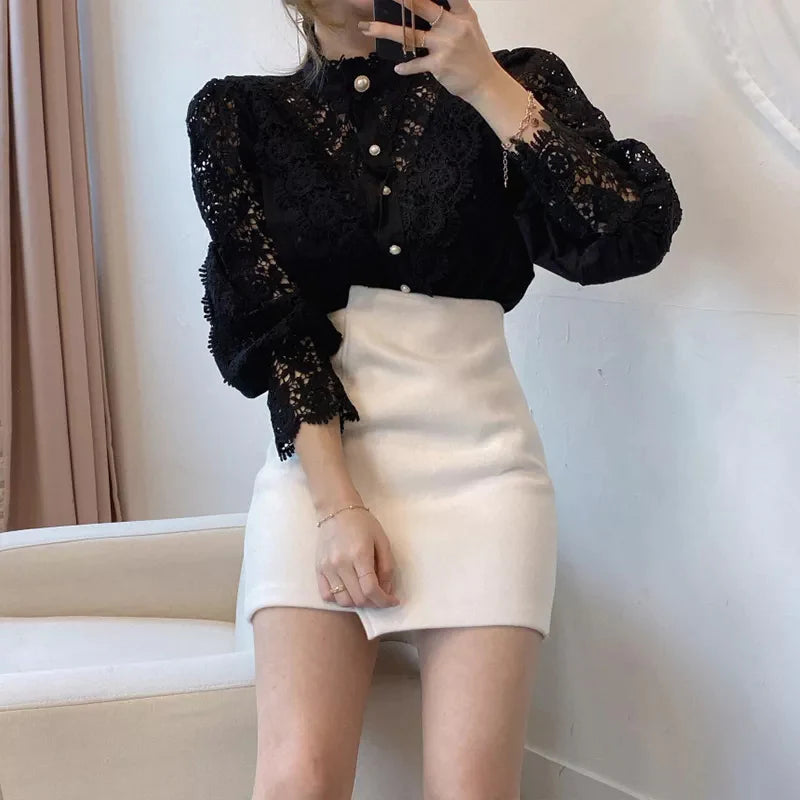 Hollow-Designed Floral High-Neck Blouse
