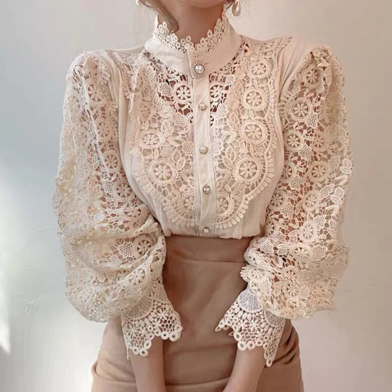 Hollow-Designed Floral High-Neck Blouse