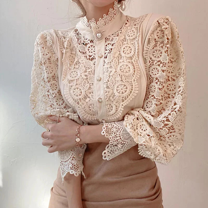 Hollow-Designed Floral High-Neck Blouse