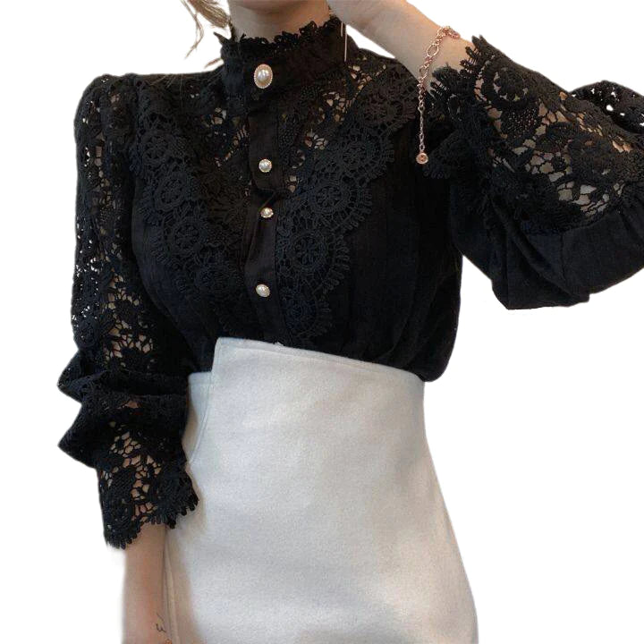 Hollow-Designed Floral High-Neck Blouse