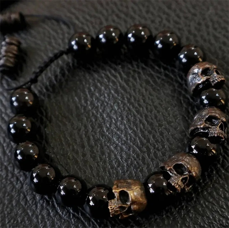 Silver Skull Obsidian Bracelet