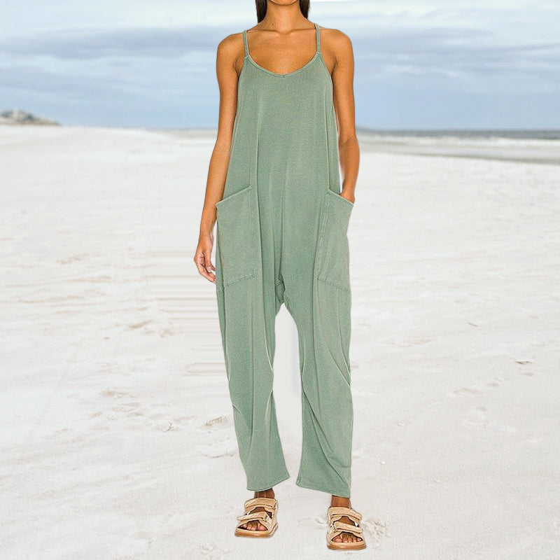 Solid V-Neck Sling Pocket Jumpsuit