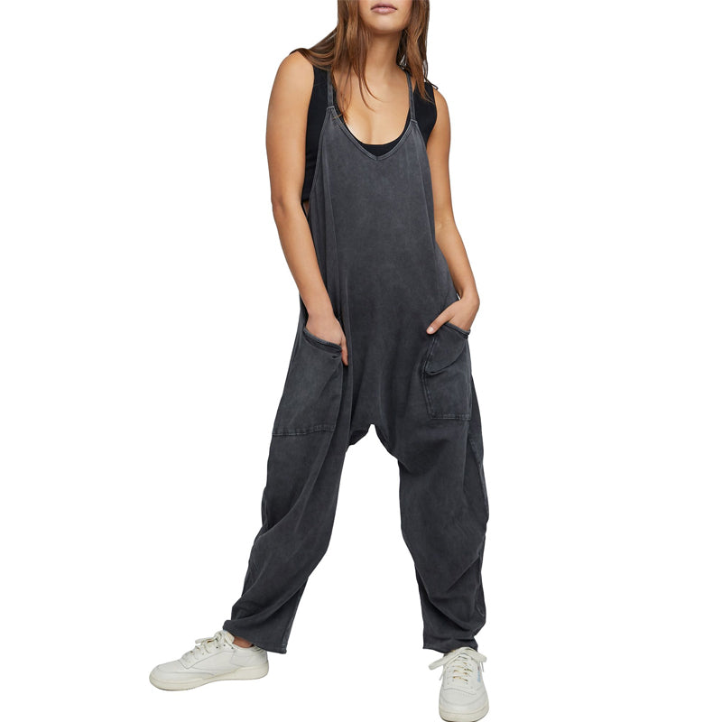 Solid V-Neck Sling Pocket Jumpsuit