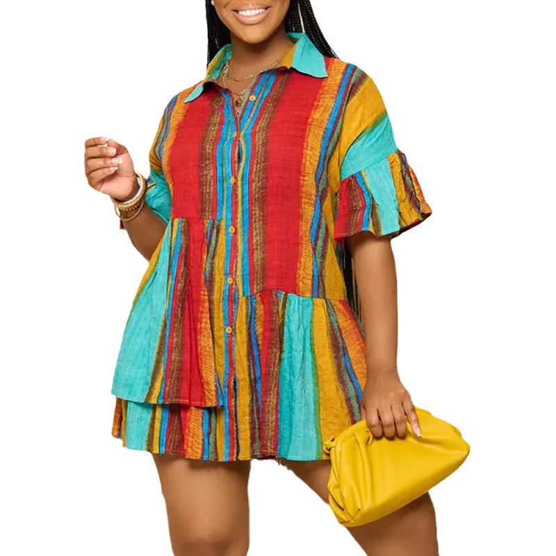 Simplicity Patchwork Flounce Asymmetrical Contrast Shirt Mini Dress